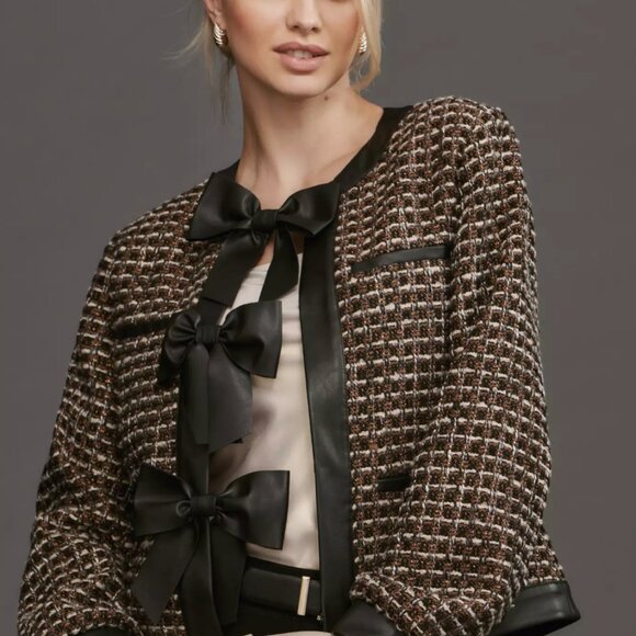 By Anthropologie Faux Leather-Trimmed Tweed Lady Jacket - Picture 2 of 9
